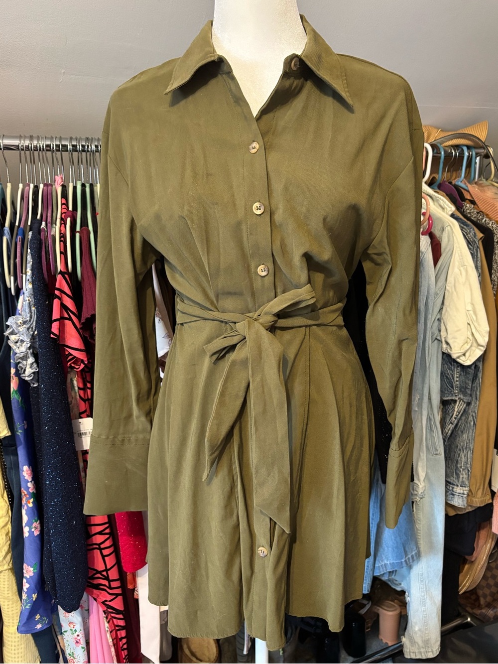 Zara Olive Green Button Down Dress with Tie Waist